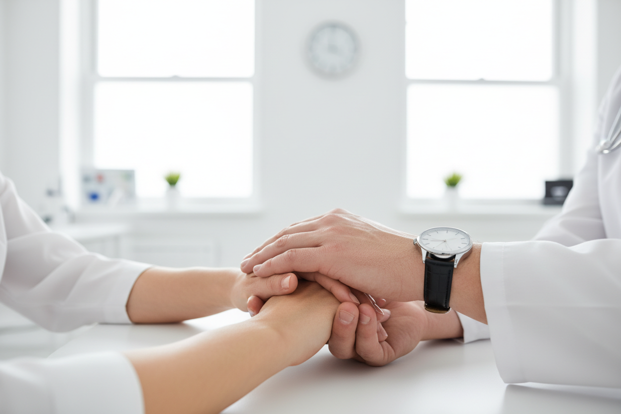 Hände, die Vertrauen aufbauen mit Uhr in einer hellen weißes Arztpraxis

