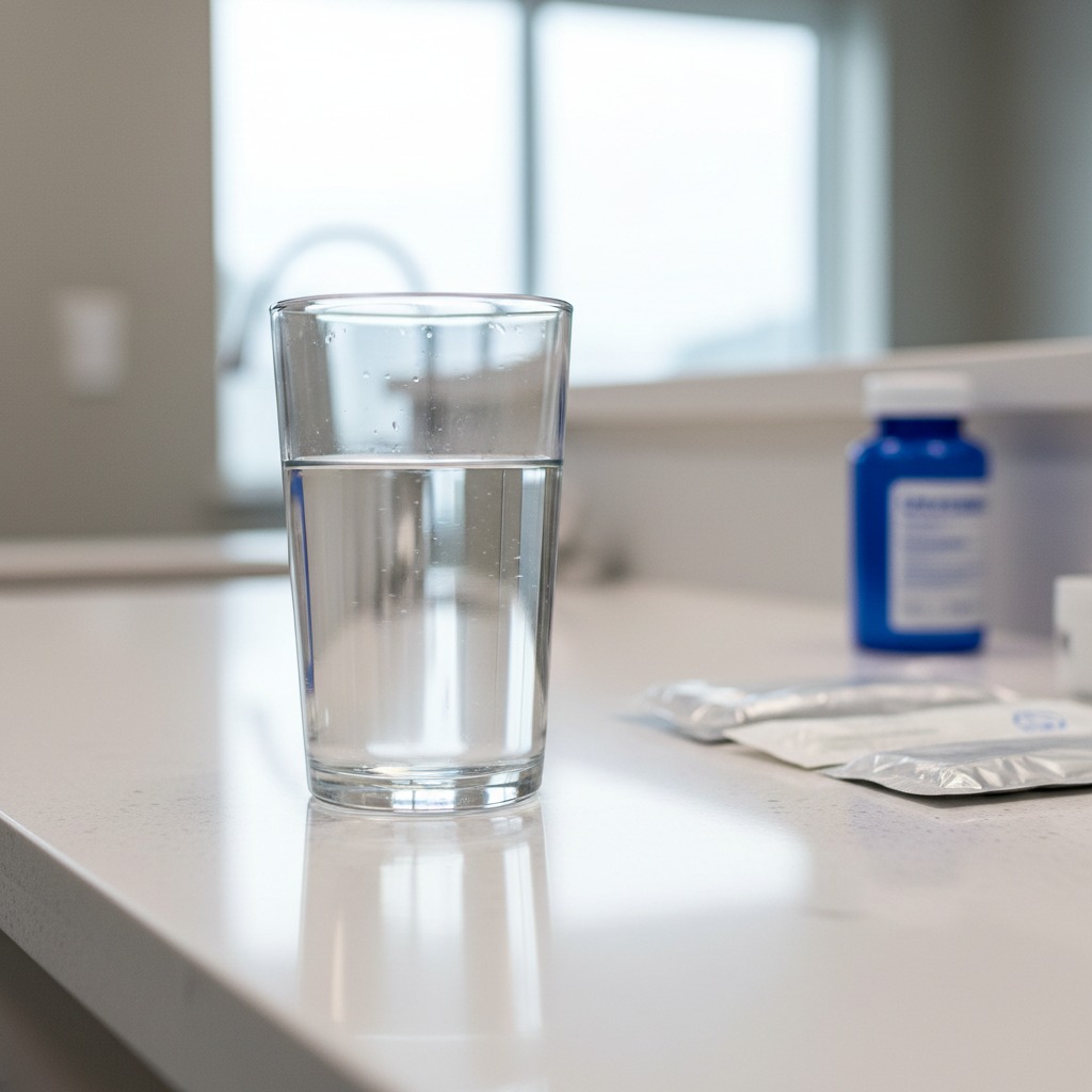 Ein halbvolles Wasserglas und Tablettenpackungen stehen auf einer hellen Arbeitsplatte.